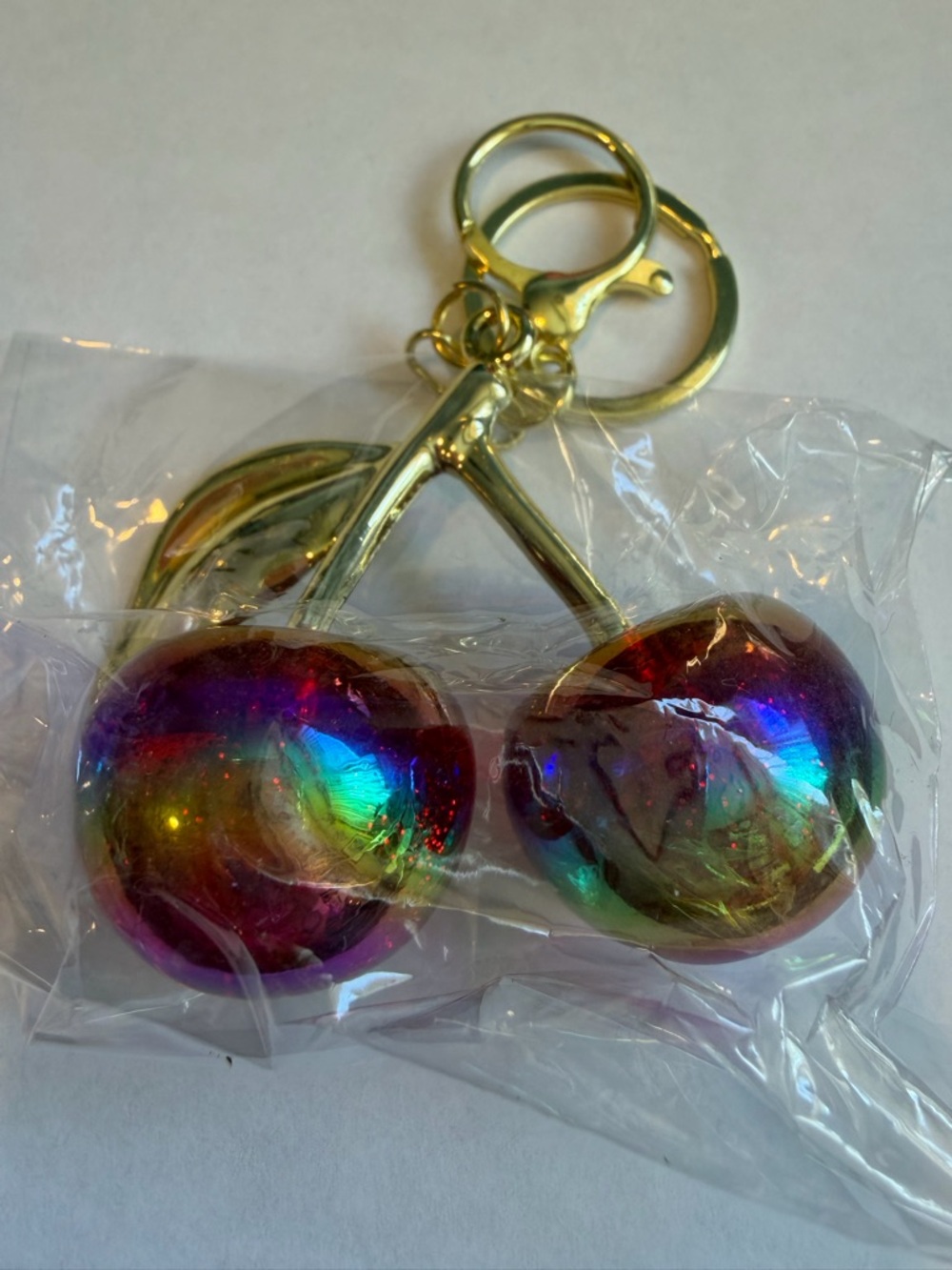 Cherry Bag Charm Keychain Gold Tone | Red Iridescent NWOT. PURPLE SOLD OUT - Picture 2 of 5